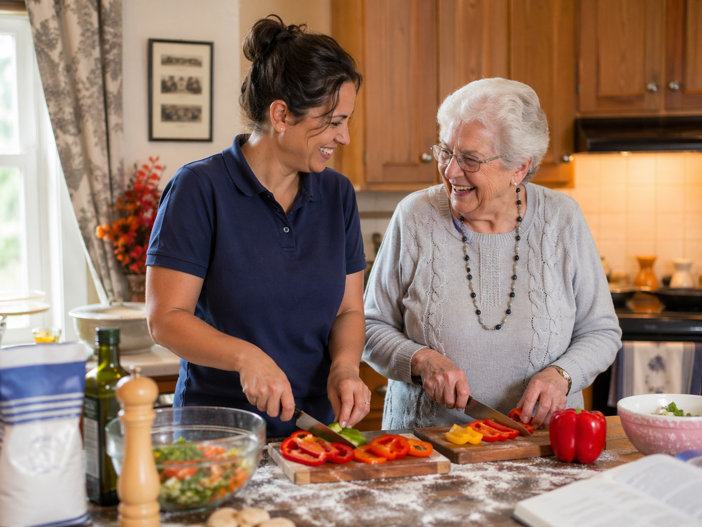 Caregiver preparing a fresh home-cooked meal in a senior's kitchen