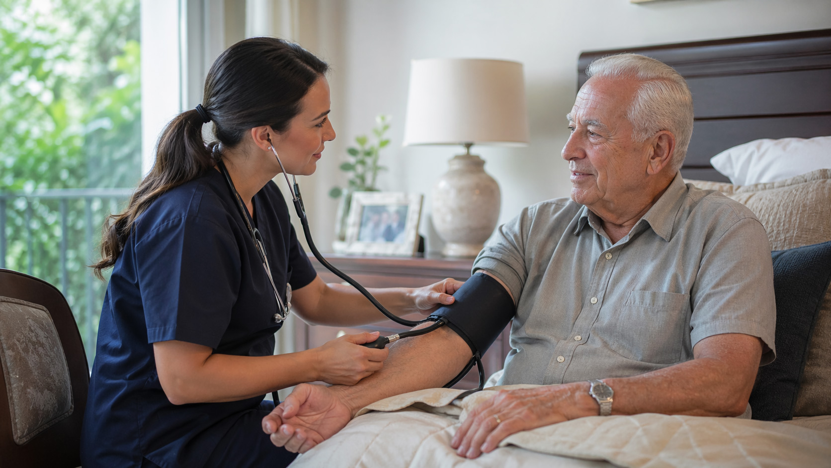 Caregiver doing a wellness check at the bedside